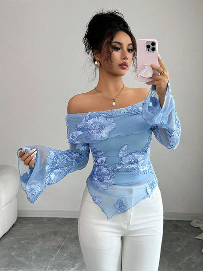 Off Shoulder Mesh Long Sleeve Top With 3D Floral Embroidery For Women 2026