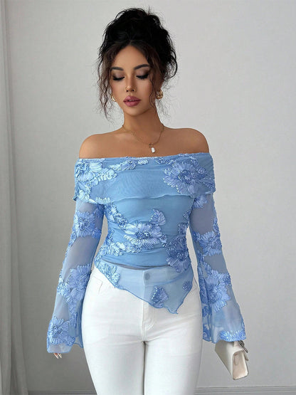 Off Shoulder Mesh Long Sleeve Top With 3D Floral Embroidery For Women 2026