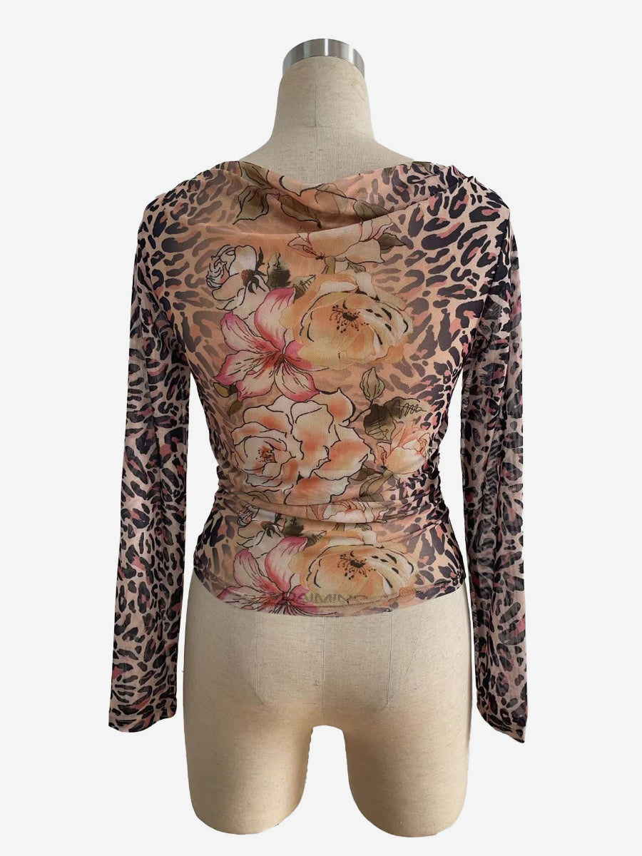 Leopard And Floral Print Cowl Neck Mesh Long Sleeve Top For Women 2026
