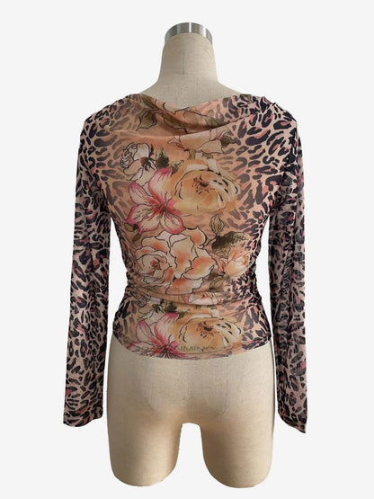 Leopard And Floral Print Cowl Neck Mesh Long Sleeve Top For Women 2026