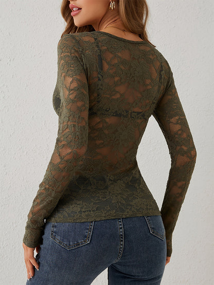 V Neck Scalloped Trim Floral Lace Long Sleeve Slim Fit Top For Women 2026