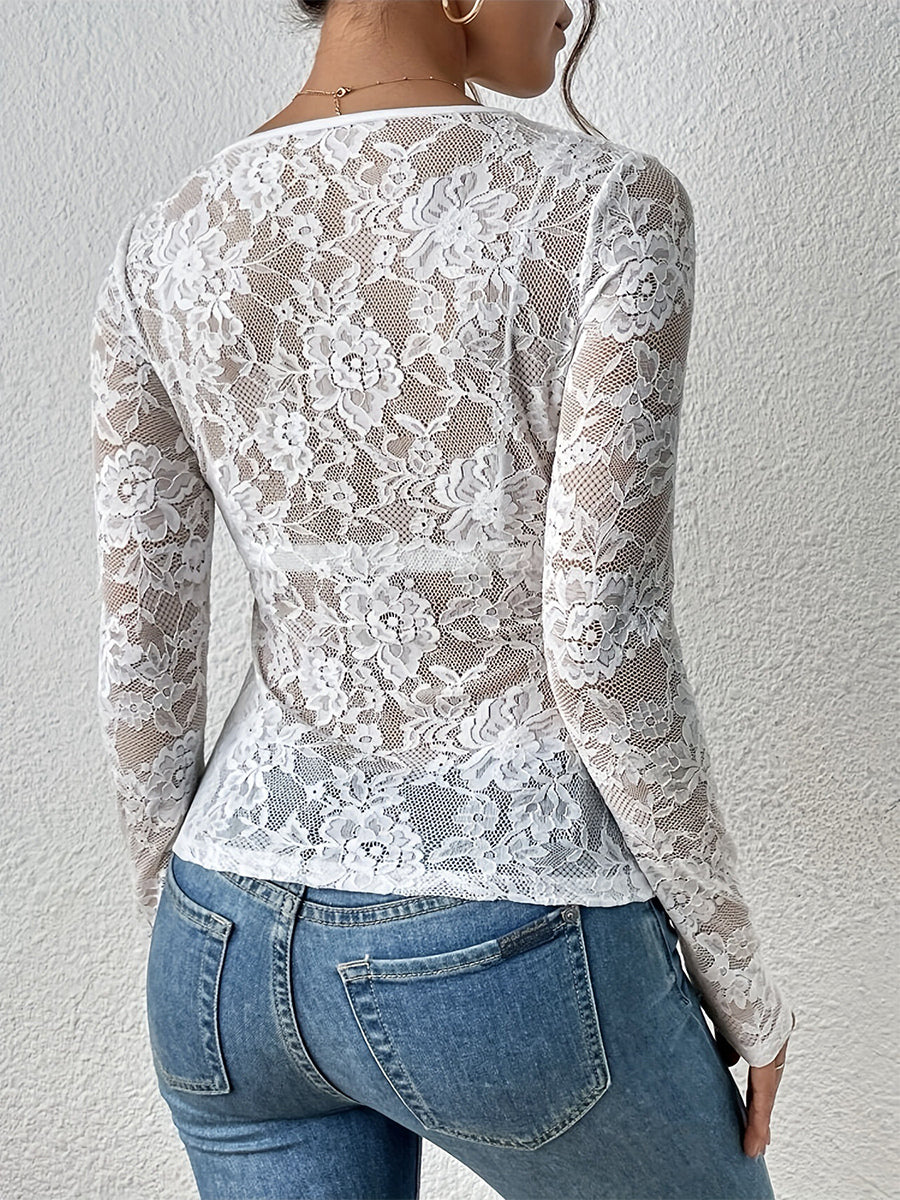 V Neck Scalloped Trim Floral Lace Long Sleeve Slim Fit Top For Women 2026