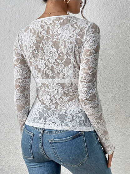 V Neck Scalloped Trim Floral Lace Long Sleeve Slim Fit Top For Women 2026