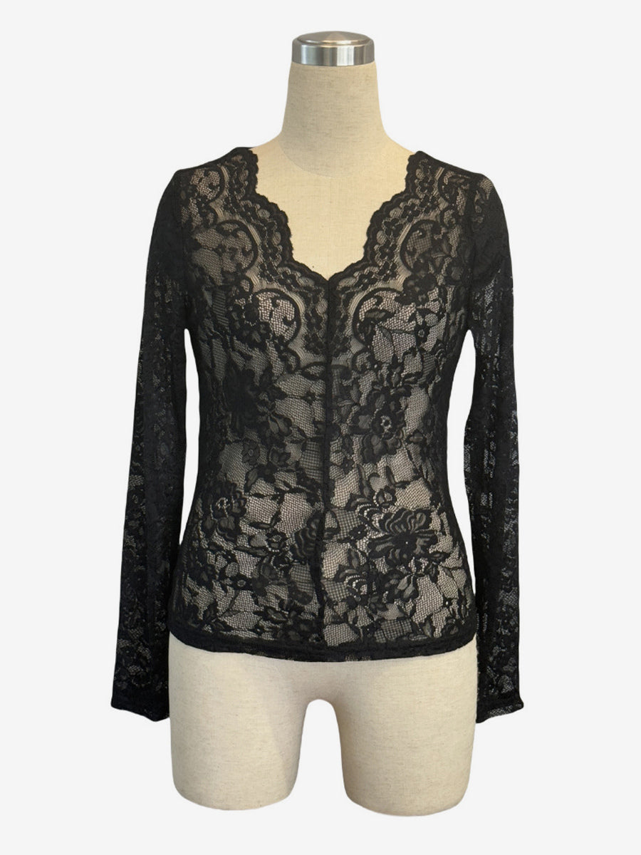 V Neck Scalloped Trim Floral Lace Long Sleeve Slim Fit Top For Women 2026