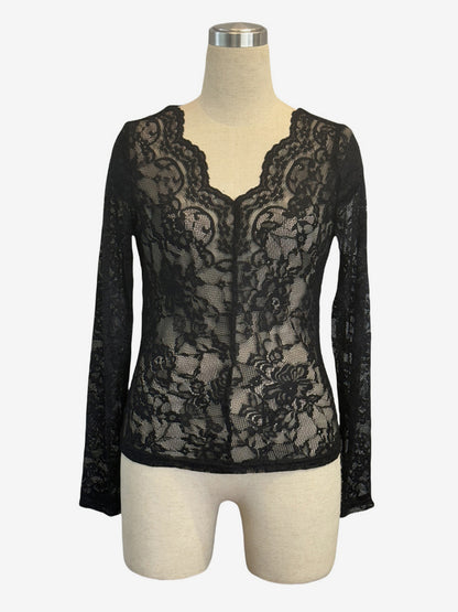 V Neck Scalloped Trim Floral Lace Long Sleeve Slim Fit Top For Women 2026