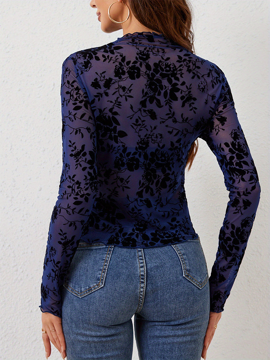 Mock Neck Flocking Floral Mesh Sheer Long Sleeve Skinny Top For Women 2026