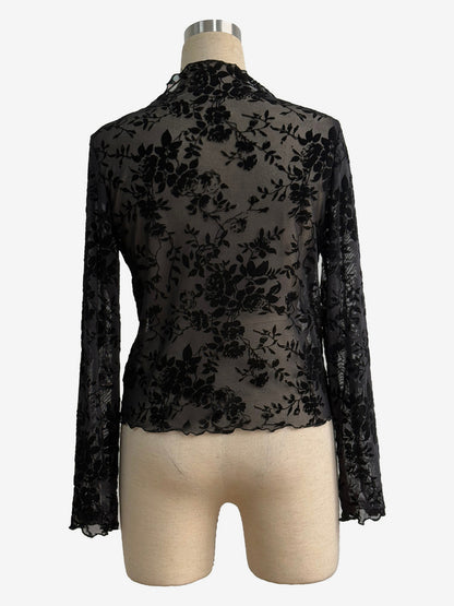 Mock Neck Flocking Floral Mesh Sheer Long Sleeve Skinny Top For Women 2026