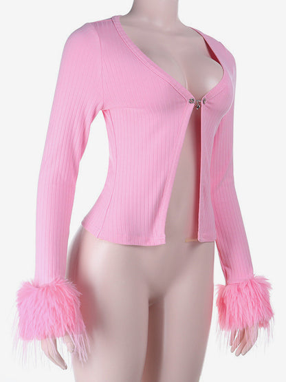 Pink Fur Cuff Women's Crop Cardigan - Y2K Ribbed Long Sleeve V-Neck Top - Sexy Clubwear Night Out Party Shrug 2026