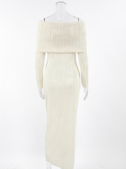 Pleated Off Shoulder Women's Maxi Dress - Elegant Cream Textured Bodycon Gown - Long Sleeve Party Wear 2026