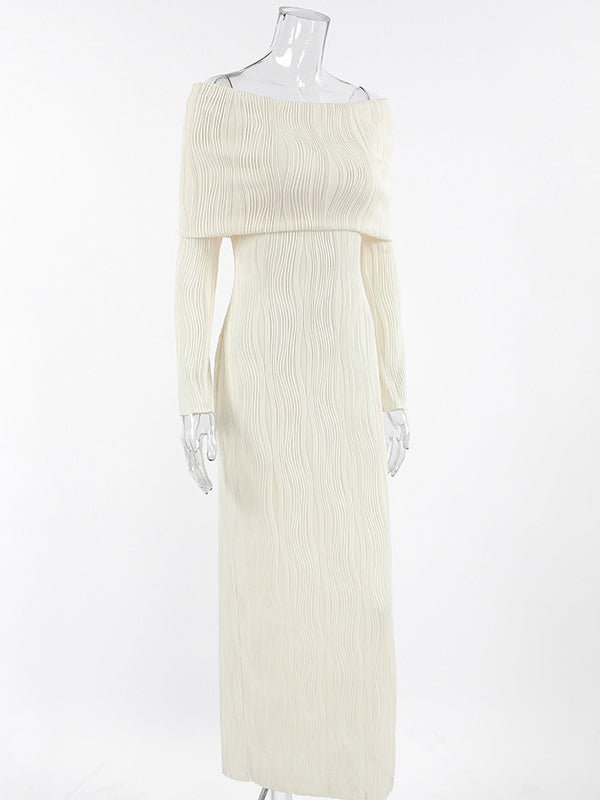 Pleated Off Shoulder Women's Maxi Dress - Elegant Cream Textured Bodycon Gown - Long Sleeve Party Wear 2026