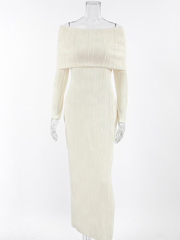 Pleated Off Shoulder Women's Maxi Dress - Elegant Cream Textured Bodycon Gown - Long Sleeve Party Wear 2026