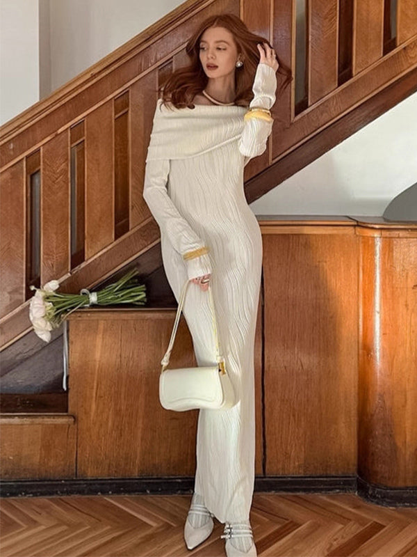 Pleated Off Shoulder Women's Maxi Dress - Elegant Cream Textured Bodycon Gown - Long Sleeve Party Wear 2026