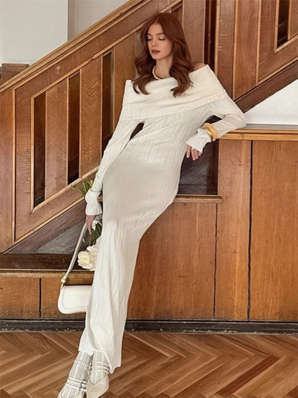 Pleated Off Shoulder Women's Maxi Dress - Elegant Cream Textured Bodycon Gown - Long Sleeve Party Wear 2026