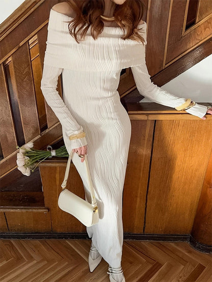 Pleated Off Shoulder Women's Maxi Dress - Elegant Cream Textured Bodycon Gown - Long Sleeve Party Wear 2026