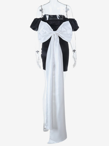 Black Bodycon Women's Mini Dress - Off Shoulder White Bow Back With Train - Sexy Strapless Summer Birthday Party Gown 2026
