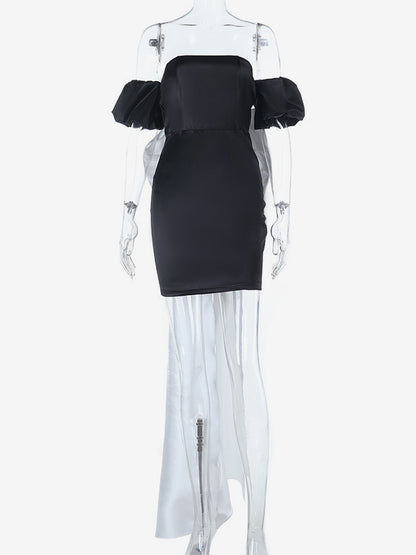 Black Bodycon Women's Mini Dress - Off Shoulder White Bow Back With Train - Sexy Strapless Summer Birthday Party Gown 2026
