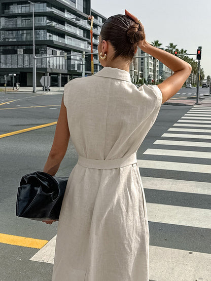 Oatmeal Linen Cotton Blend Women's Shirt Dress - Sleeveless Notched Lapel Long Dress With Pocket - Elegant Belted Summer Office Wear 2026