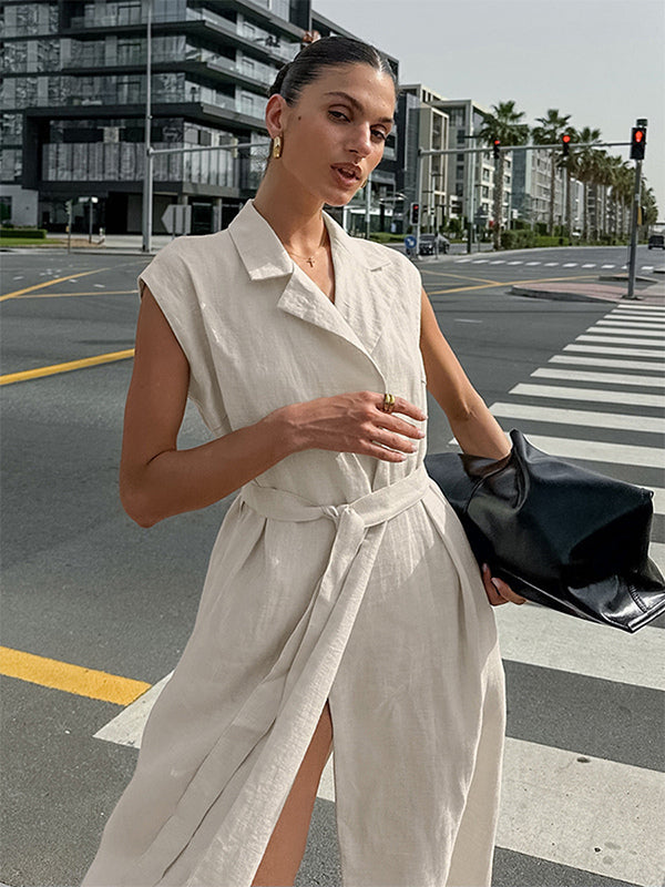 Oatmeal Linen Cotton Blend Women's Shirt Dress - Sleeveless Notched Lapel Long Dress With Pocket - Elegant Belted Summer Office Wear 2026