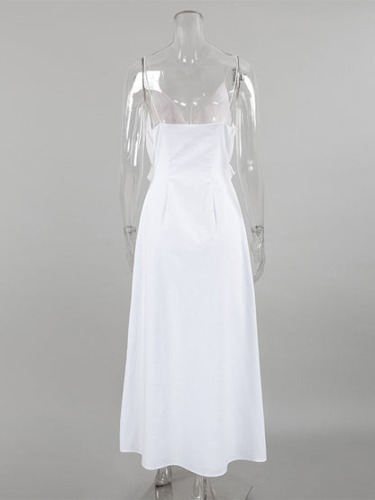 White 100% Cotton Women's Maxi Dress - Spaghetti Strap Ruched Bust Sundress - Sexy V-neck Ruffle Trim Beach Vacation Long Dress 2026