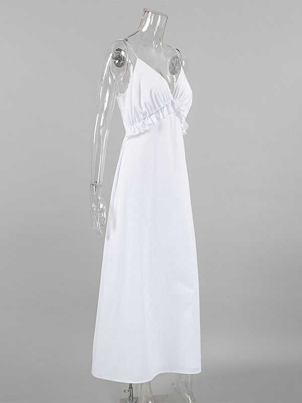 White 100% Cotton Women's Maxi Dress - Spaghetti Strap Ruched Bust Sundress - Sexy V-neck Ruffle Trim Beach Vacation Long Dress 2026