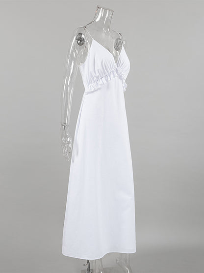 White 100% Cotton Women's Maxi Dress - Spaghetti Strap Ruched Bust Sundress - Sexy V-neck Ruffle Trim Beach Vacation Long Dress 2026