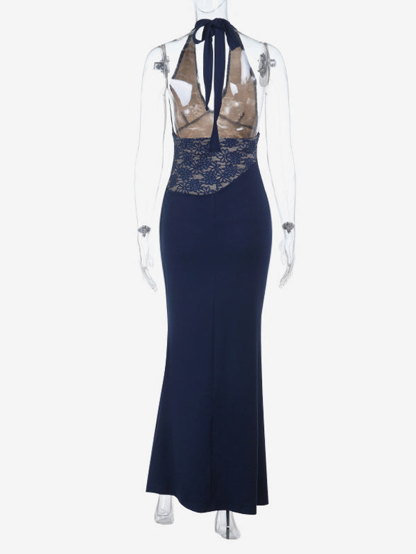 Navy Blue Halter Women's Maxi Dress - Asymmetric Lace Patchwork Backless Gown - Sexy Bodycon Summer Birthday Party Wear 2026