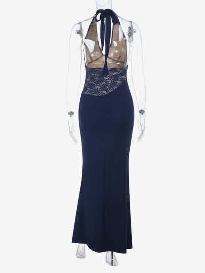 Navy Blue Halter Women's Maxi Dress - Asymmetric Lace Patchwork Backless Gown - Sexy Bodycon Summer Birthday Party Wear 2026