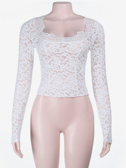 White Floral Lace Sheer Women's Crop Top - Scalloped Square Neck Long Sleeve Blouse - Coquette Aesthetic French Romantic Going Out Top 2026