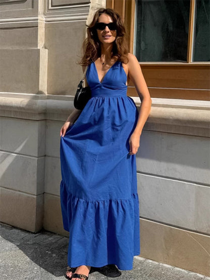 Royal Blue 100% Cotton Women's Maxi Dress - Criss Cross Backless Strappy Sundress - V-neck Summer Beach Vacation Dress 2026