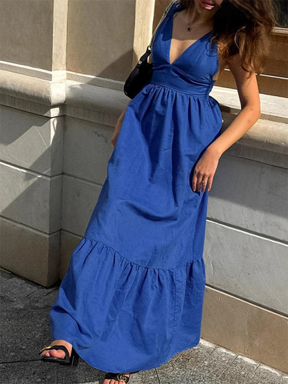 Royal Blue 100% Cotton Women's Maxi Dress - Criss Cross Backless Strappy Sundress - V-neck Summer Beach Vacation Dress 2026