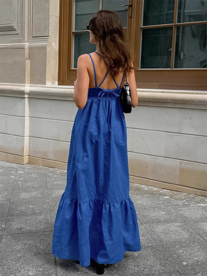 Royal Blue 100% Cotton Women's Maxi Dress - Criss Cross Backless Strappy Sundress - V-neck Summer Beach Vacation Dress 2026