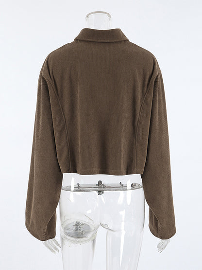 Brown Corduroy Women's Cropped Jacket - Oversized Utility Top - Maillard Style Streetwear Casual Daily Outfits 2026