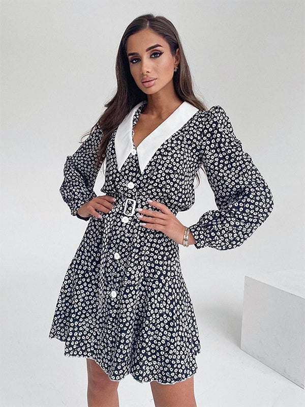 Vintage Ditsy Floral Women's Tea Dress - Puff Sleeve Belted Mini Dress - Pointed Collar Romantic Date Night Outfits 2026