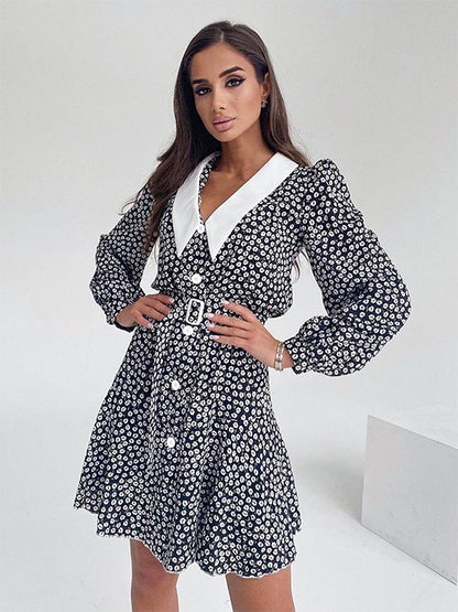 Vintage Ditsy Floral Women's Tea Dress - Puff Sleeve Belted Mini Dress - Pointed Collar Romantic Date Night Outfits 2026