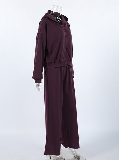 Athleisure Set For Active Women - Plum Hooded Zip-up Wide Leg Tracksuit - 2026 Spring Lounge & Yoga Wear