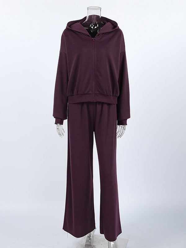 Athleisure Set For Active Women - Plum Hooded Zip-up Wide Leg Tracksuit - 2026 Spring Lounge & Yoga Wear