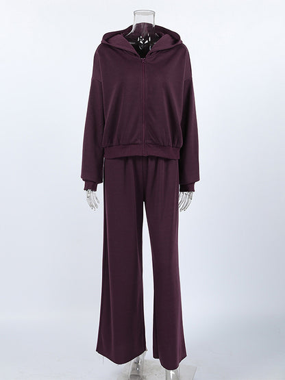 Athleisure Set For Active Women - Plum Hooded Zip-up Wide Leg Tracksuit - 2026 Spring Lounge & Yoga Wear