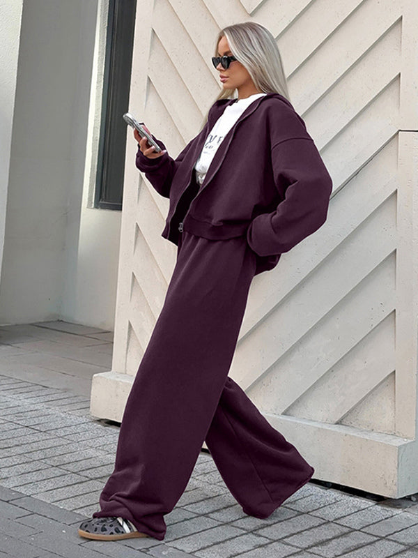 Athleisure Set For Active Women - Plum Hooded Zip-up Wide Leg Tracksuit - 2026 Spring Lounge & Yoga Wear