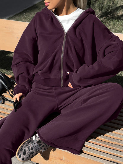 Athleisure Set For Active Women - Plum Hooded Zip-up Wide Leg Tracksuit - 2026 Spring Lounge & Yoga Wear