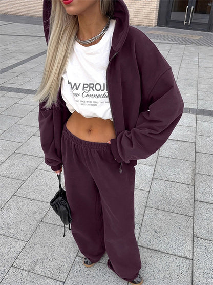 Athleisure Set For Active Women - Plum Hooded Zip-up Wide Leg Tracksuit - 2026 Spring Lounge & Yoga Wear