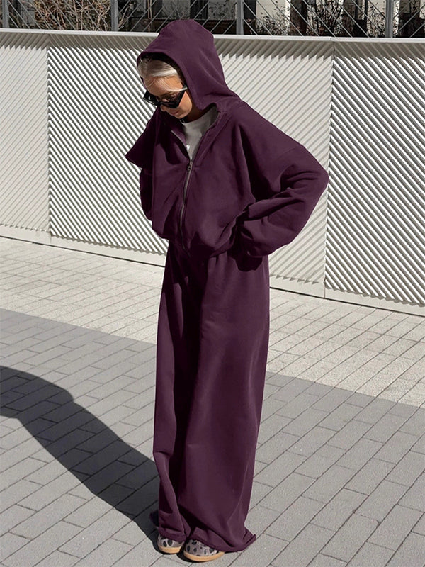 Athleisure Set For Active Women - Plum Hooded Zip-up Wide Leg Tracksuit - 2026 Spring Lounge & Yoga Wear