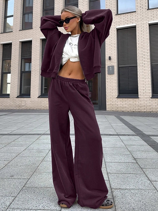 Athleisure Set For Active Women - Plum Hooded Zip-up Wide Leg Tracksuit - 2026 Spring Lounge & Yoga Wear