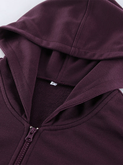 Athleisure Set For Active Women - Plum Hooded Zip-up Wide Leg Tracksuit - 2026 Spring Lounge & Yoga Wear
