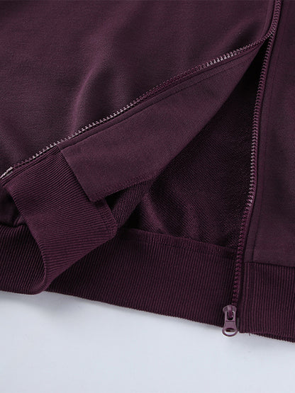 Athleisure Set For Active Women - Plum Hooded Zip-up Wide Leg Tracksuit - 2026 Spring Lounge & Yoga Wear