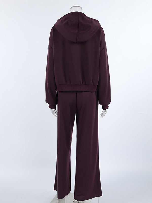 Athleisure Set For Active Women - Plum Hooded Zip-up Wide Leg Tracksuit - 2026 Spring Lounge & Yoga Wear