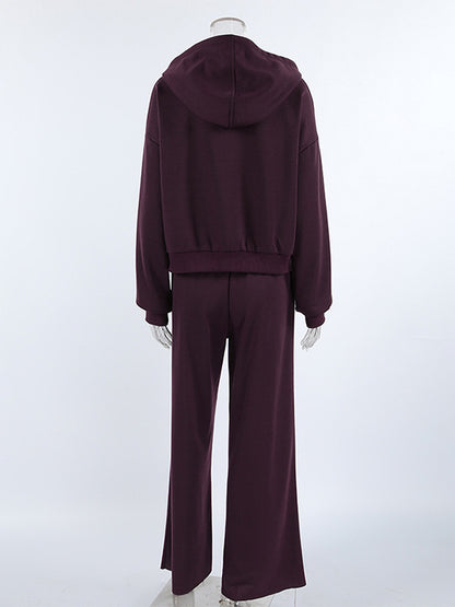 Athleisure Set For Active Women - Plum Hooded Zip-up Wide Leg Tracksuit - 2026 Spring Lounge & Yoga Wear
