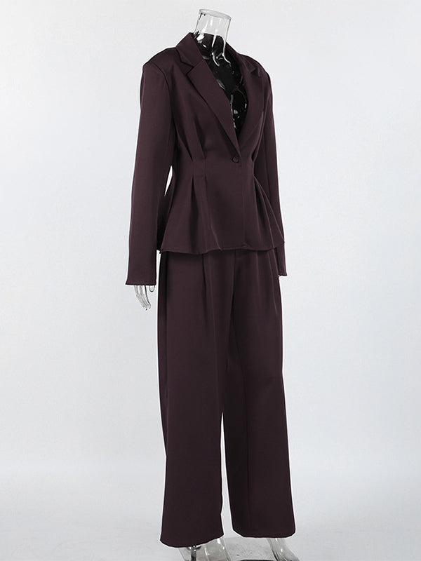 Deep Brown Peplum Blazer Suit For Women - Chic Pleated Waist Slim Fit Wide Leg Pants Set - Spring Office Lady Outfit 2026
