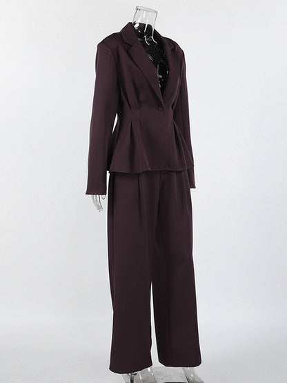 Deep Brown Peplum Blazer Suit For Women - Chic Pleated Waist Slim Fit Wide Leg Pants Set - Spring Office Lady Outfit 2026