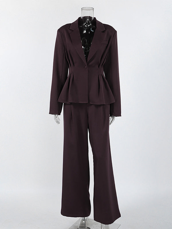Deep Brown Peplum Blazer Suit For Women - Chic Pleated Waist Slim Fit Wide Leg Pants Set - Spring Office Lady Outfit 2026