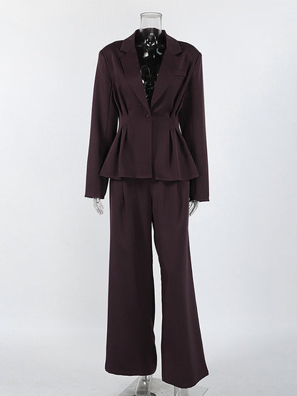 Deep Brown Peplum Blazer Suit For Women - Chic Pleated Waist Slim Fit Wide Leg Pants Set - Spring Office Lady Outfit 2026